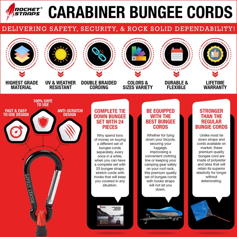 ROCKET STRAPS Bungee Cords | Premium Heavy Duty Outdoor Carabiner Bungee Cords with Hooks | Bungee Cord Assortment Includes | Tie Downs | Ball Bungees | (4) Tarp Clips | Bungie Cord Straps - Image 4